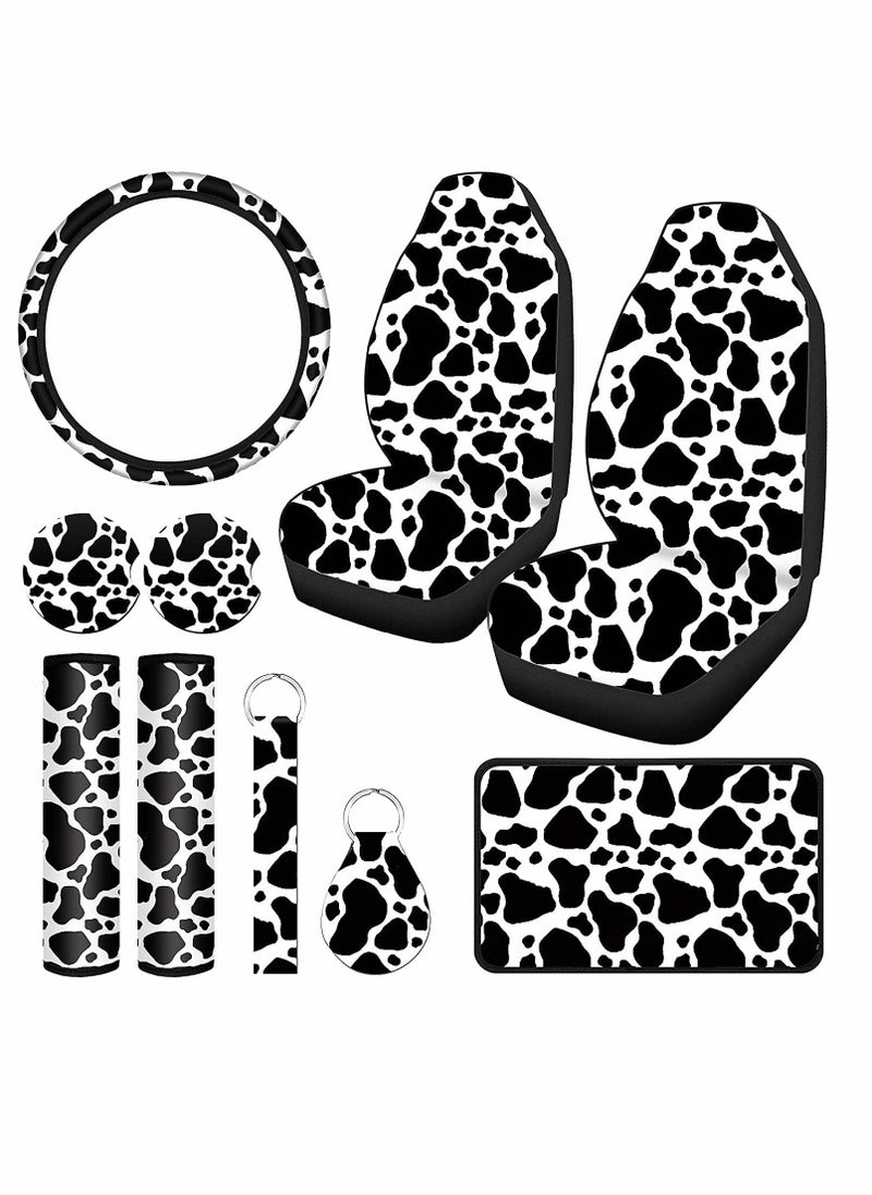 Y&D - Car Seat Protector, 10pcs Milk Cow Print Cover, Steering Wheel Thickening Fabric Front Covers, Coasters Keyring Armrest Pad Belt, Pads Wrist Strap for Vehicles - Image 1