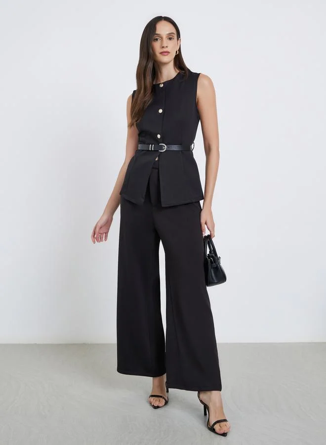 Styli Styli Round Neck Buttoned Waistcoat with Belt