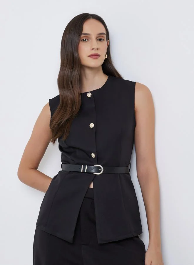Styli Styli Round Neck Buttoned Waistcoat with Belt