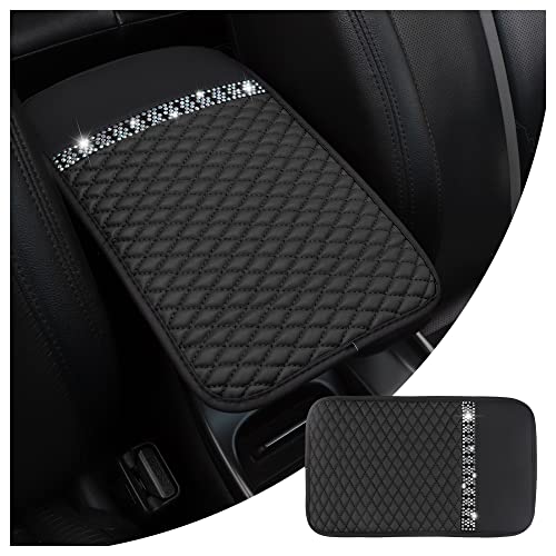 NHHC Bling Leather Car Armrest Box Cover,Car Center Console Protector with Colorful Crystal Rhinestones,Anti-Scratch Waterproof Car Armrest Seat Pad for Most Car,SUVs,Trucks (Black) - Image 1