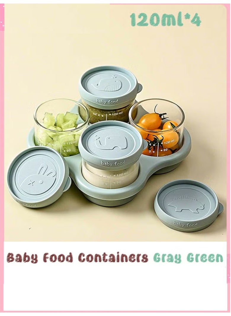 YOONISPRO 4 Pack Borosilicate Glass Baby Food Storage Airtight Containers with Lids, Microwave-Safe Baby Food Storage Containers, Baby Food Freezer Tray, Glass Baby Food Jars 120ml*4 (Gray Green) - Image 1