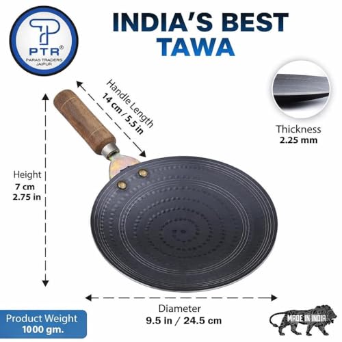 PTR 9.5 Inch Iron Tawa for Roti, Paratha Flat Breads with Wooden Handle Metal Spoon Friendly India’s First Smooth Edge Technology Hammered Finish Food Grade Lohe Ka Tava (1000 GM / 1 KG) - Image 2