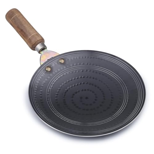 PTR 9.5 Inch Iron Tawa for Roti, Paratha Flat Breads with Wooden Handle Metal Spoon Friendly India’s First Smooth Edge Technology Hammered Finish Food Grade Lohe Ka Tava (1000 GM / 1 KG) - Image 1