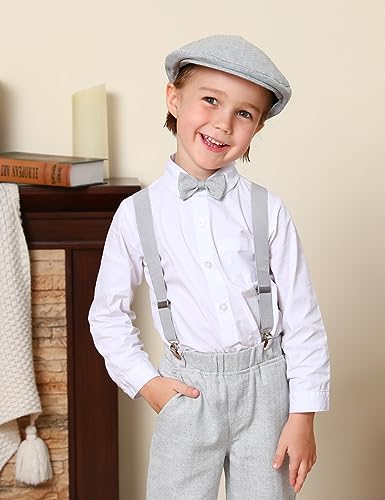 A&J DESIGN Baby Boy Driver Cap Toddler Irish Flat Scally Newsboy Hat with Bow Tie Set Light Gray 4-5T - Image 2