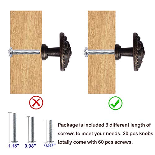 Perphin Bronze Vintage Dresser Knobs Antique Round Drawer Knobs Pull Zinc Alloy Rose Kitchen Cabinet Knobs for Drawers Dressers Vintage Metal Flower Handles with 3 Sized Screws (20 Pack) - Image 5
