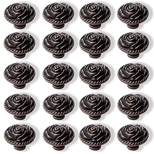 Perphin Bronze Vintage Dresser Knobs Antique Round Drawer Knobs Pull Zinc Alloy Rose Kitchen Cabinet Knobs for Drawers Dressers Vintage Metal Flower Handles with 3 Sized Screws (20 Pack) - Image 1