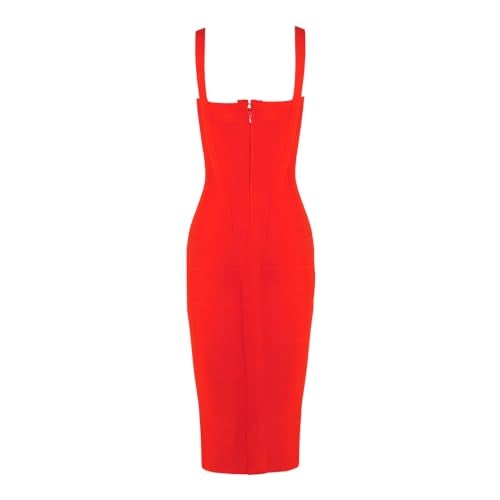 HLBandage Midi-Calf Solid Color Spaghetti Strap Rayon Bandage Dress (M,Red) - Image 4