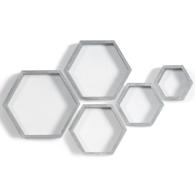 PHOENANCEE Hexagon Floating ShelvesWall Mounted Wood Farmhouse Storage Honeycomb Wall Shelf Set of 5for Bathroom Kitchen Bedroom Living RoomOfficeDriftwood Finish Vintage Grey