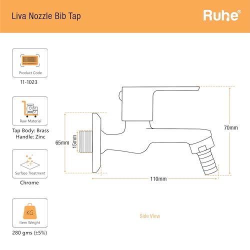 Ruhe® Liva Brass Faucet/Tap | Nozzle Bib Cock Faucet/Tap | with Chrome Finish | for Washing Machine and Garden Pipes - Image 2