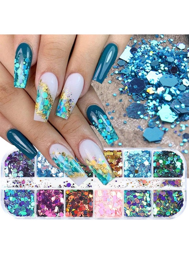 12 لونًا مسدسًا لامعًا مكتنزًا للحرف المجسمة ملصقات ترتر للأظافر بريق حورية البحر مسحوق رقائق لامعة ساحرة ترتر سداسي مناسب للنساء والفتيات لتزيين الأظافر الأكريليك - Image 1
