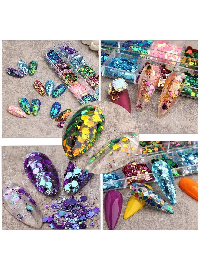12 لونًا مسدسًا لامعًا مكتنزًا للحرف المجسمة ملصقات ترتر للأظافر بريق حورية البحر مسحوق رقائق لامعة ساحرة ترتر سداسي مناسب للنساء والفتيات لتزيين الأظافر الأكريليك - Image 4