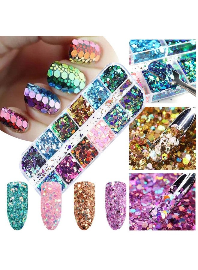 12 لونًا مسدسًا لامعًا مكتنزًا للحرف المجسمة ملصقات ترتر للأظافر بريق حورية البحر مسحوق رقائق لامعة ساحرة ترتر سداسي مناسب للنساء والفتيات لتزيين الأظافر الأكريليك - Image 5
