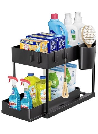 2pcs Storage Racks Pull-Type Double-Layer Kitchen Storage Rack,Under Sink Organizer,Double Sliding Under Bathroom Cabinet Organization, Kitchen Storage with Hooks,15.6 * 8.6 * 13.2cm,Black - view 2