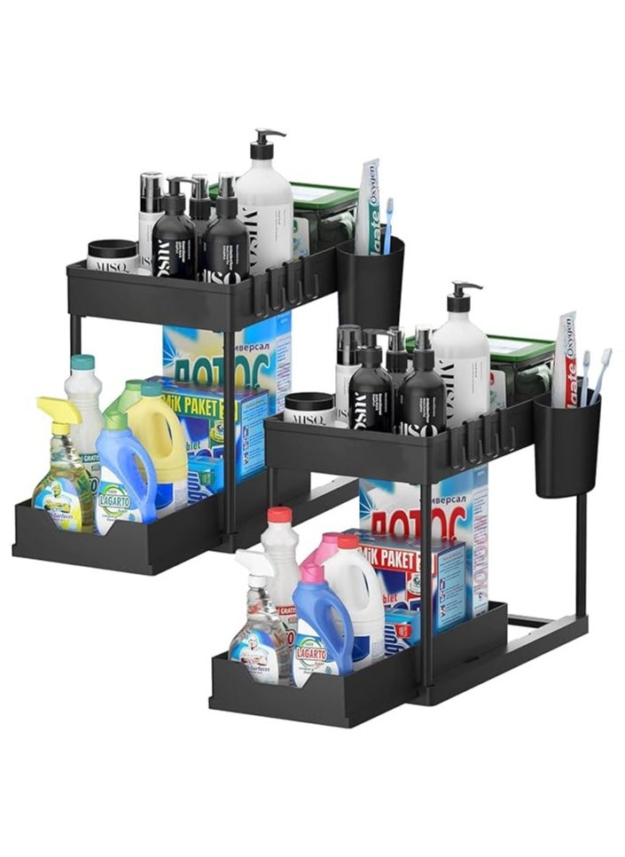 SKY-TOUCH - 2pcs Storage Racks Pull-Type Double-Layer Kitchen Storage Rack,Under Sink Organizer,Double Sliding Under Bathroom Cabinet Organization, Kitchen Storage with Hooks,15.6 * 8.6 * 13.2cm,Black - Image 1