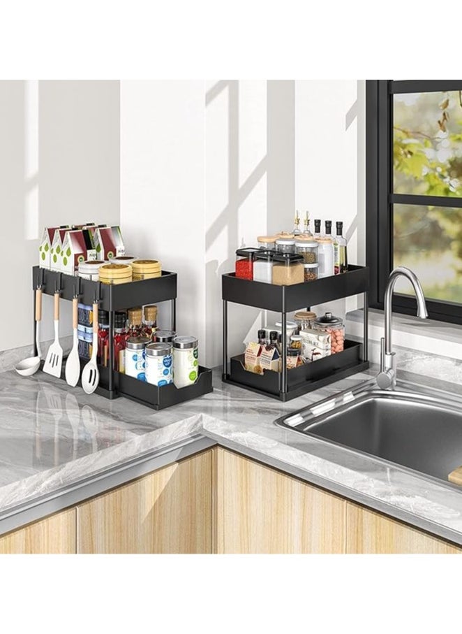 SKY-TOUCH - 2pcs Storage Racks Pull-Type Double-Layer Kitchen Storage Rack,Under Sink Organizer,Double Sliding Under Bathroom Cabinet Organization, Kitchen Storage with Hooks,15.6 * 8.6 * 13.2cm,Black - Image 1