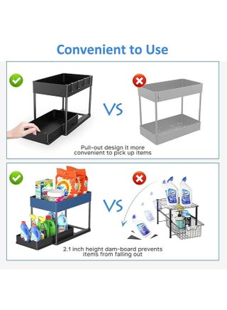 2pcs Storage Racks Pull-Type Double-Layer Kitchen Storage Rack,Under Sink Organizer,Double Sliding Under Bathroom Cabinet Organization, Kitchen Storage with Hooks,15.6 * 8.6 * 13.2cm,Black - view 4