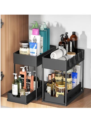2pcs Storage Racks Pull-Type Double-Layer Kitchen Storage Rack,Under Sink Organizer,Double Sliding Under Bathroom Cabinet Organization, Kitchen Storage with Hooks,15.6 * 8.6 * 13.2cm,Black - view 3
