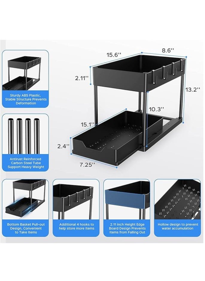 SKY-TOUCH - 2pcs Storage Racks Pull-Type Double-Layer Kitchen Storage Rack,Under Sink Organizer,Double Sliding Under Bathroom Cabinet Organization, Kitchen Storage with Hooks,15.6 * 8.6 * 13.2cm,Black - Image 1