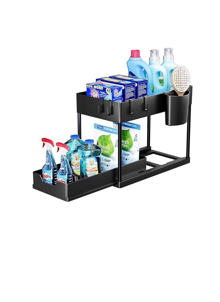 SKY-TOUCH - 2pcs Storage Racks Pull-Type Double-Layer Kitchen Storage Rack,Under Sink Organizer,Double Sliding Under Bathroom Cabinet Organization, Kitchen Storage with Hooks,15.6 * 8.6 * 13.2cm,Black - Image 1