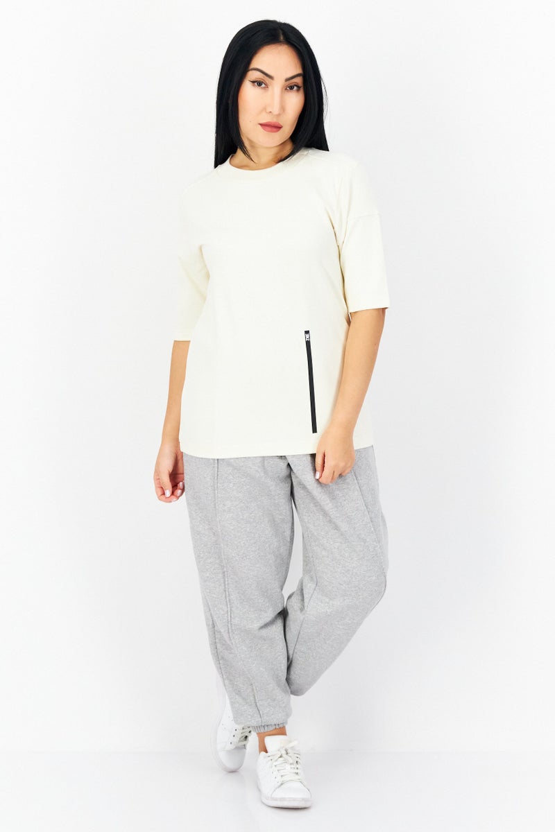 Adidas Women Sportswear Fit Short Sleeves Training Top, Beige - Image 2