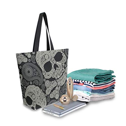 ZZKKO Halloween Skull Canvas Tote Grocery Bag Shoulder Casual Book Bag Large for Women Teachers, Sugar Skull Cotton Bag Shopping Purse Handbag Reusable Multipurpose Use - Image 2