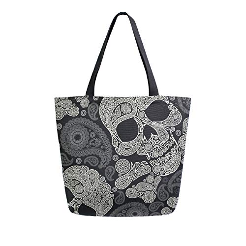 ZZKKO Halloween Skull Canvas Tote Grocery Bag Shoulder Casual Book Bag Large for Women Teachers, Sugar Skull Cotton Bag Shopping Purse Handbag Reusable Multipurpose Use - Image 1