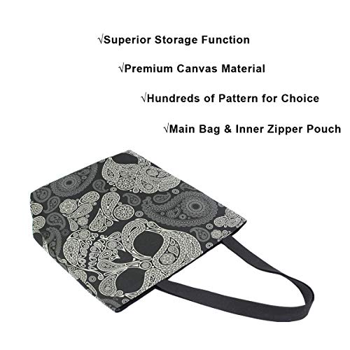 ZZKKO Halloween Skull Canvas Tote Grocery Bag Shoulder Casual Book Bag Large for Women Teachers, Sugar Skull Cotton Bag Shopping Purse Handbag Reusable Multipurpose Use - Image 3