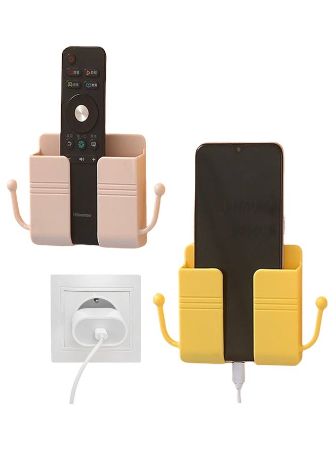 2 PCS Wall Mount Cell Phone Holder, Remote Control Holder, Universal Phone Storage Dock for Most Smartphones with Adhesive, Durable Plastic Wall Mount Cell Phone Holder for Home, Office, Kitchen, Bedroom，Yellow/Pink - Image 1