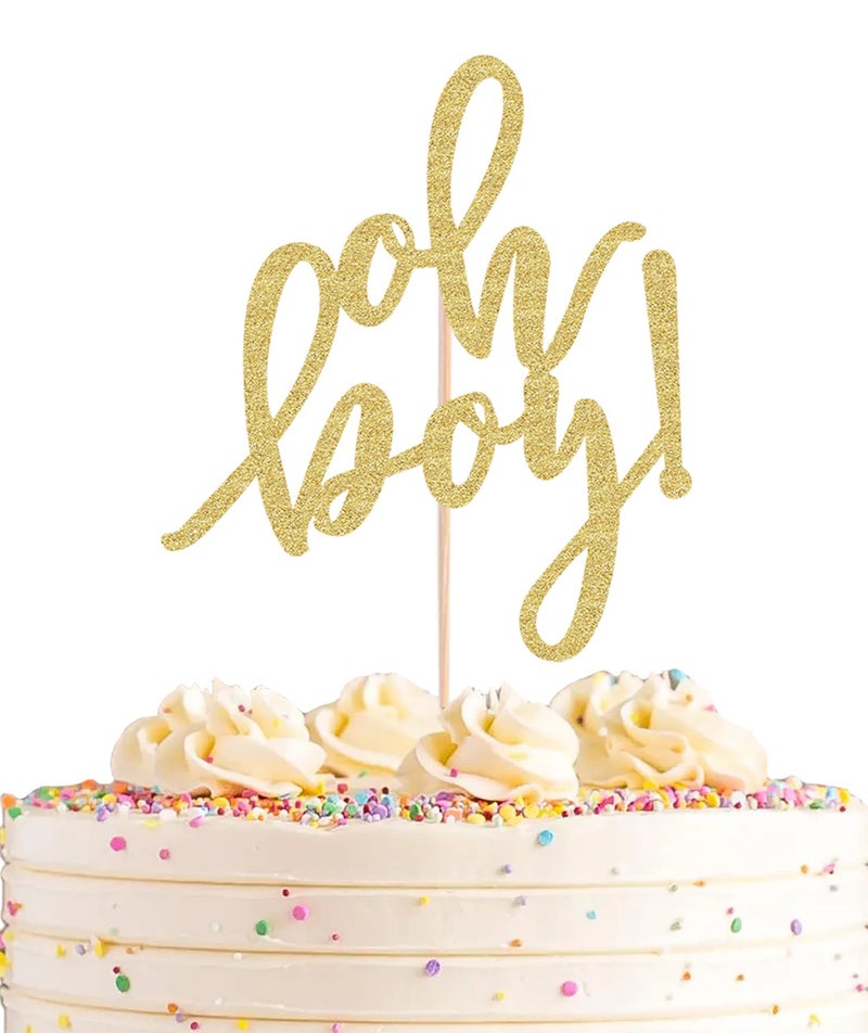 AHAORAY Oh Boy Cake Topper - Gold Glitter Baby Gender Reveal Party Cake decorations Supplies  for Baby Shower/ 1st Birthday Party/Baby Party Photo Booth Props - Image 1