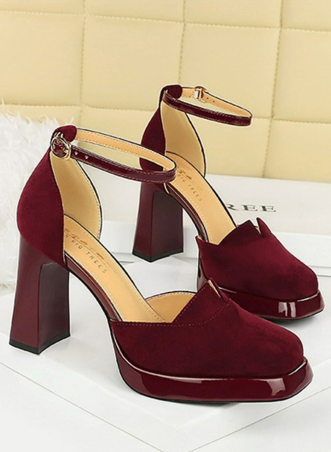 BIGTREE Womens Platform Chunky High Heel Square Closed Toe Pumps Wine Red 9CM - Image 2