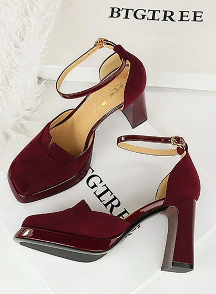 BIGTREE Womens Platform Chunky High Heel Square Closed Toe Pumps Wine Red 9CM - Image 3