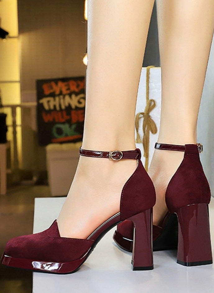 BIGTREE Womens Platform Chunky High Heel Square Closed Toe Pumps Wine Red 9CM - Image 5