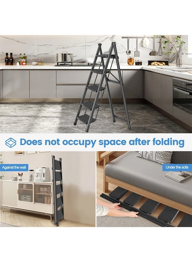 Cady One 5 Step Folding Ladder with Wide Non-Slip Pedal, Durable Portable Lightweight Heavy Duty Steel Ladder with Sturdy Rubber Base for Stability, Suitable for Indoor and Outdoor Use - Image 4