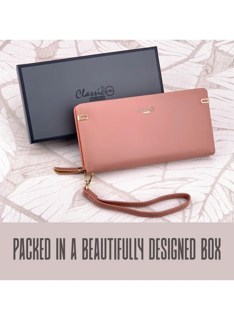 Classic Milano Pink (JFL-2-9611-003) Classic Milano Premium Faux Leather Long Wallet for Women with Zipper Closure | Ladies Wallet Card Holder Purse | Slim Women's Wallet for Daily Use, Travel, and Gifting for Women | Best Price UAE