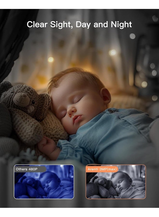 ARENTI Baby Monitor with 2 Cameras, 2K/3MP WiFi 6 Camera and Audio, 5-inch Wireless Screen, Smartphone App, Super Night Vision, Crying Detection, Auto Tracking, Temp&Humidity Sensor (D3 Set) - Image 4