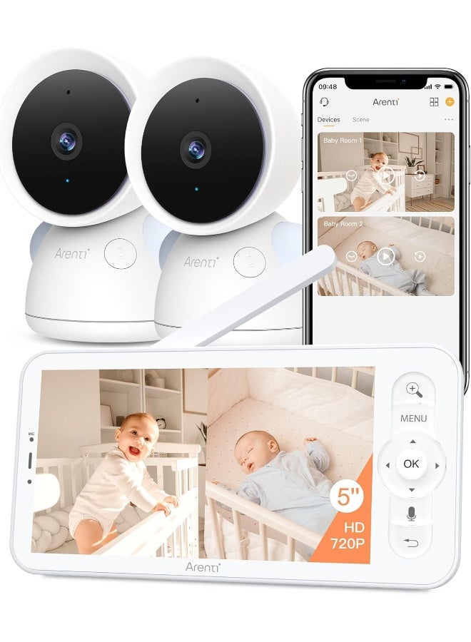 ARENTI Baby Monitor with 2 Cameras, 2K/3MP WiFi 6 Camera and Audio, 5-inch Wireless Screen, Smartphone App, Super Night Vision, Crying Detection, Auto Tracking, Temp&Humidity Sensor (D3 Set) - Image 1
