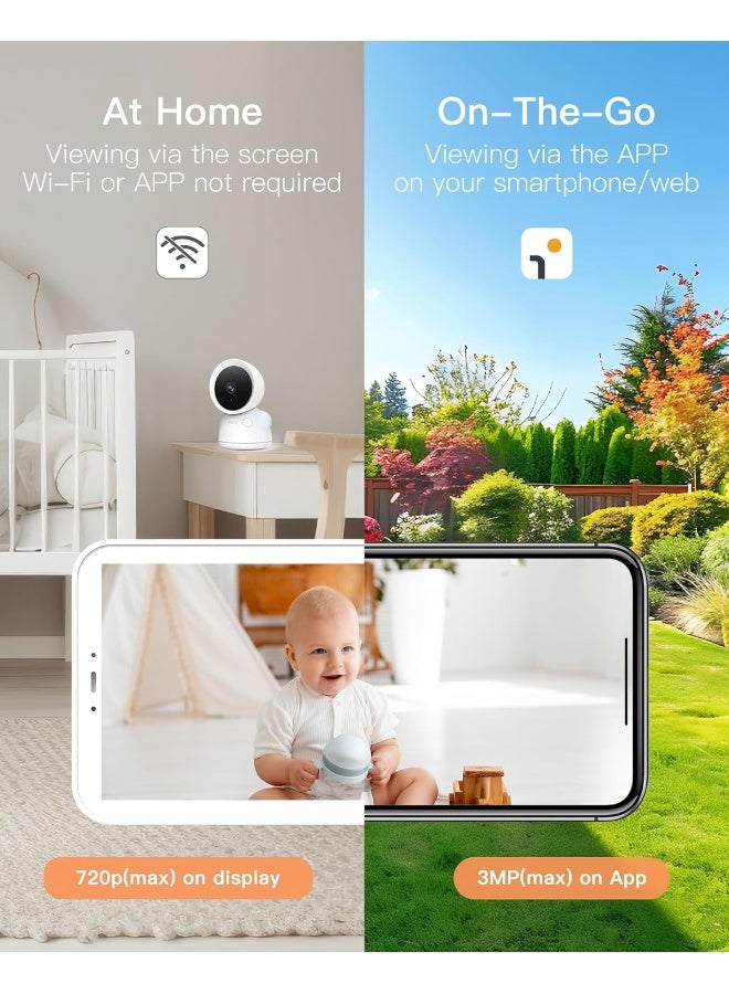 ARENTI Baby Monitor with 2 Cameras, 2K/3MP WiFi 6 Camera and Audio, 5-inch Wireless Screen, Smartphone App, Super Night Vision, Crying Detection, Auto Tracking, Temp&Humidity Sensor (D3 Set) - Image 2