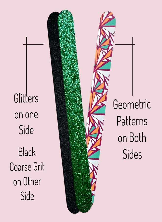 ALAZCO 20 pc ALAZCO Premium Nail Files Coarse & Medium Grit Professionals & DIY Washable Emery Boards for Natural Acrylic Gel Press-On Nails Travel TSA Friendly Colorful Pattern/Black/Green Glitter - Image 2