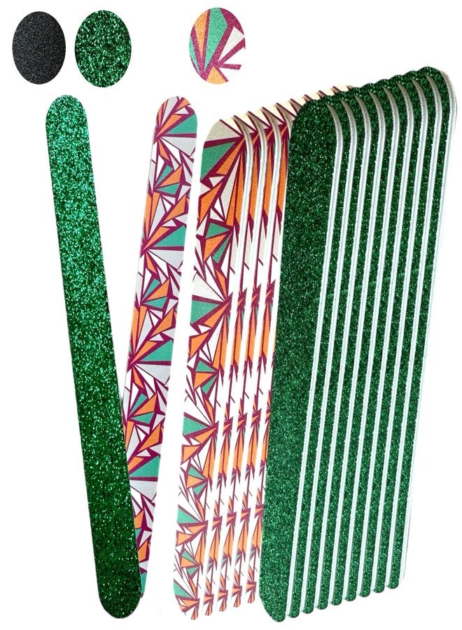 ALAZCO 20 pc ALAZCO Premium Nail Files Coarse & Medium Grit Professionals & DIY Washable Emery Boards for Natural Acrylic Gel Press-On Nails Travel TSA Friendly Colorful Pattern/Black/Green Glitter - Image 1