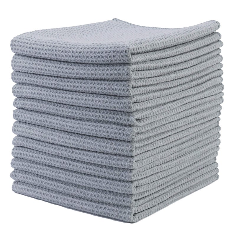 POLYTE Premium Microfiber Kitchen Dish Hand Towel Waffle Weave 12 Pack 16x28 in Gray
