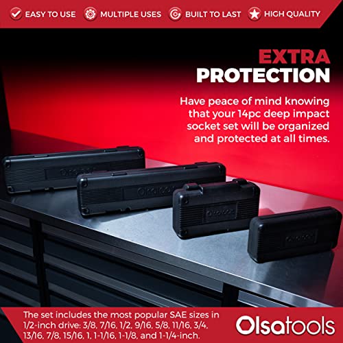 Olsa Tools 1/2-Inch Drive Deep Impact Socket Set - 14-Piece SAE Kit (3/8"–1-1/4") - Cr-Mo Steel - 6-Point Chrome Moly Design - Easy-Read Markings - Heavy-Duty Storage Case - Part 1278 - Image 3