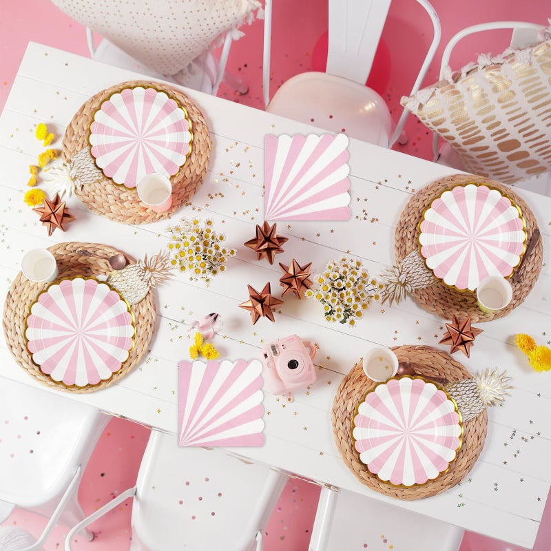 73Hours 72PCS Pink Paper Plates and Napkins Party Supplies, Gold Foil Edge Scalloped Striped Plates Napkins Disposable Tableware Set for Birthday Wedding Baby Shower Party Decoration (Pink) - Image 5
