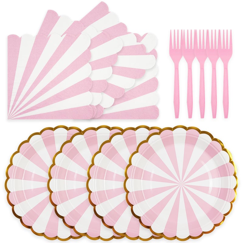 73Hours 72PCS Pink Paper Plates and Napkins Party Supplies, Gold Foil Edge Scalloped Striped Plates Napkins Disposable Tableware Set for Birthday Wedding Baby Shower Party Decoration (Pink) - Image 1