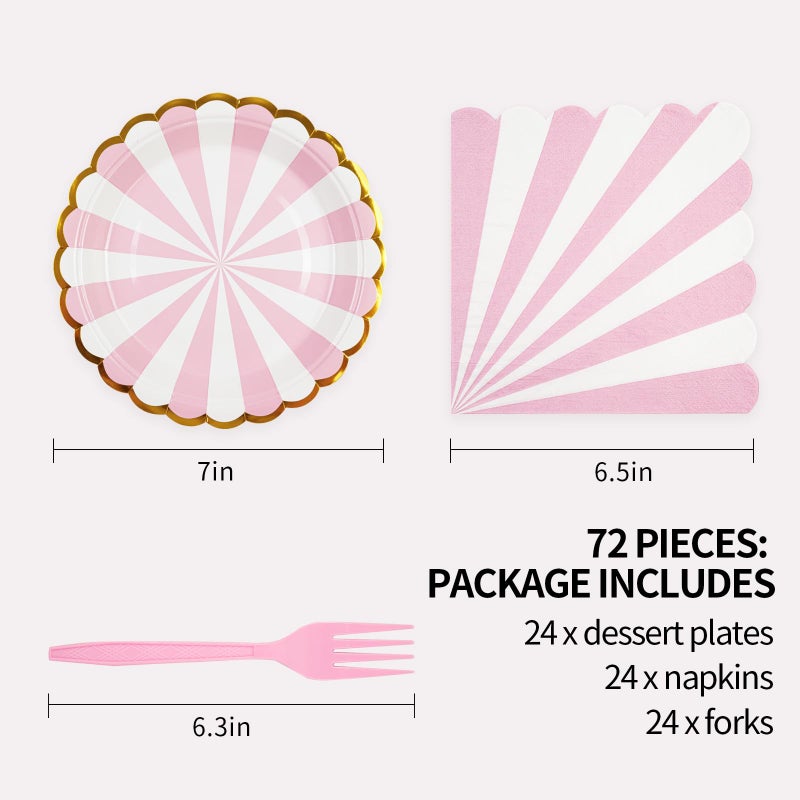 73Hours 72PCS Pink Paper Plates and Napkins Party Supplies, Gold Foil Edge Scalloped Striped Plates Napkins Disposable Tableware Set for Birthday Wedding Baby Shower Party Decoration (Pink) - Image 2