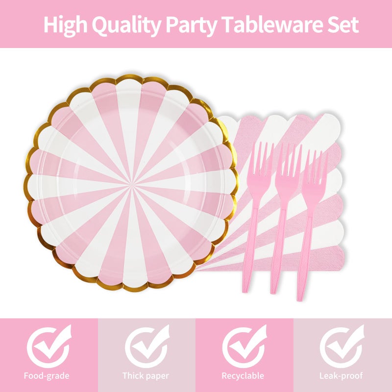 73Hours 72PCS Pink Paper Plates and Napkins Party Supplies, Gold Foil Edge Scalloped Striped Plates Napkins Disposable Tableware Set for Birthday Wedding Baby Shower Party Decoration (Pink) - Image 3