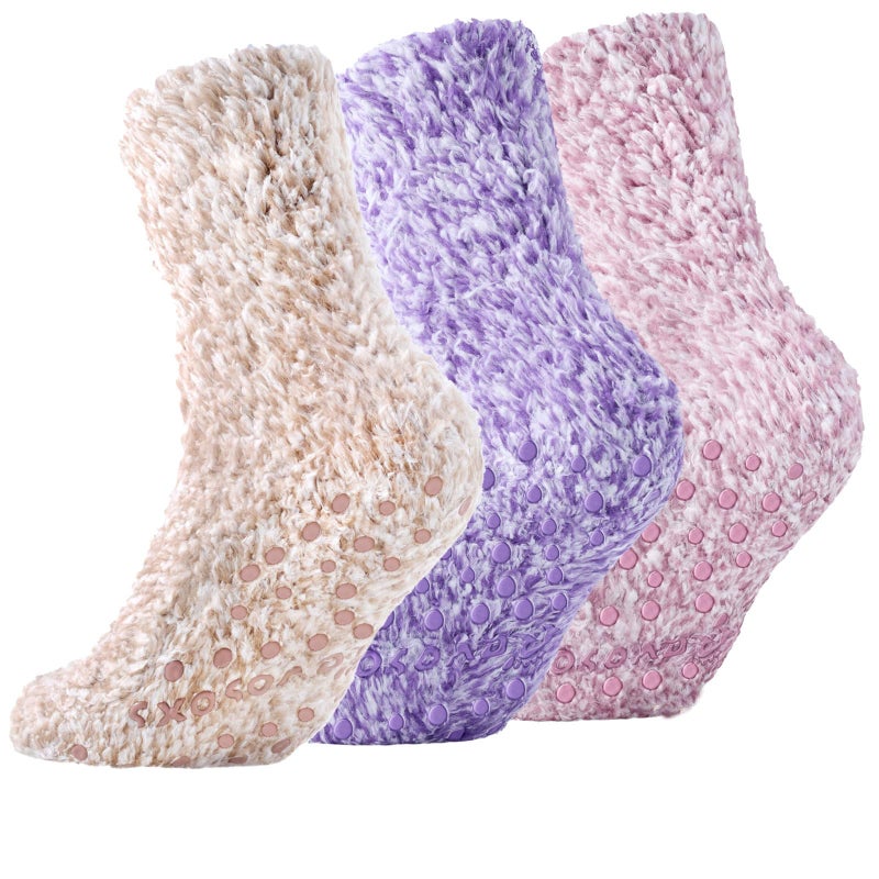 Revosoxs Fuzzy Socks with Grips for Women Men,Non Slip Hospital Crew Cozy Socks with Aloe Vera Perfume(White+Grey+Black) - Image 1