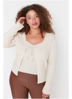Beige V-Neck Tie Detail Fine Knitwear Cardigan & Singlet Suit