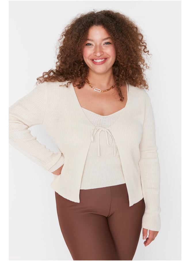 trendyol - Beige V-Neck Tie Detail Fine Knitwear Cardigan & Singlet Suit - Image 1