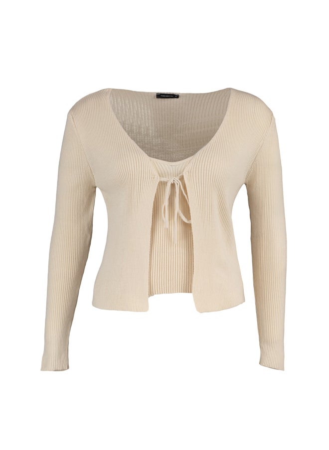 trendyol - Beige V-Neck Tie Detail Fine Knitwear Cardigan & Singlet Suit - Image 1