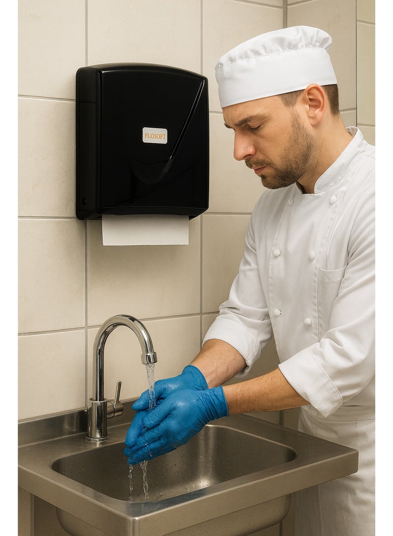 فلوسوفت موزع مناشف ورقية طي Z للتثبيت على الحائط مصنوع من البلاستيك بسعة 300 منديل ورقي باللون الأسود مقاس 22 سم × 22 سم للاستخدام في الحمام والمكتب والمنزل - Image 2